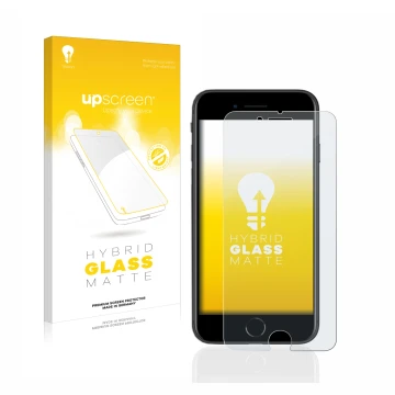 Front side of a product packaging with the brand logo upscreen. Next to it is the device Apple iPhone SE 2 2020 shown with the