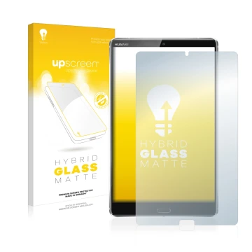 Front side of a product packaging with the brand logo upscreen. Next to it is the device Huawei MediaPad M5 8.4 shown with the