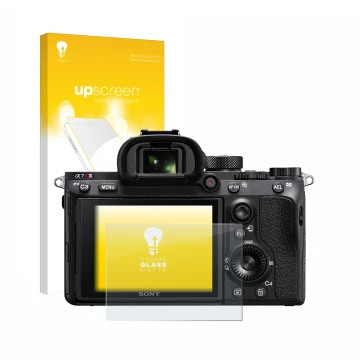 Front side of a product packaging with the brand logo upscreen. Next to it is the device Sony Alpha 7R III shown with the corr