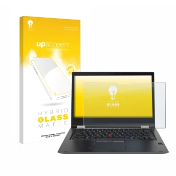 Front side of a product packaging with the brand logo upscreen. Next to it is the device Lenovo ThinkPad Yoga X380 shown with 