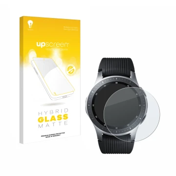 Front side of a product packaging with the brand logo upscreen. Next to it is the device Samsung Galaxy Watch (46 mm) shown wi