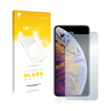 Front side of a product packaging with the brand logo upscreen. Next to it is the device Apple iPhone Xs Max shown with the co