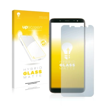 Front side of a product packaging with the brand logo upscreen. Next to it is the device Samsung Galaxy J6 2018 shown with the