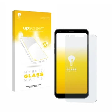 Front side of a product packaging with the brand logo upscreen. Next to it is the device LG Q7 shown with the corresponding sc