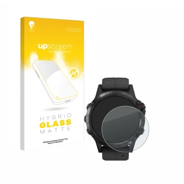 Front side of a product packaging with the brand logo upscreen. Next to it is the device Garmin Fenix 5 Plus (47 mm) shown wit