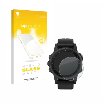 Front side of a product packaging with the brand logo upscreen. Next to it is the device Garmin Fenix 5S Plus (42 mm) shown wi