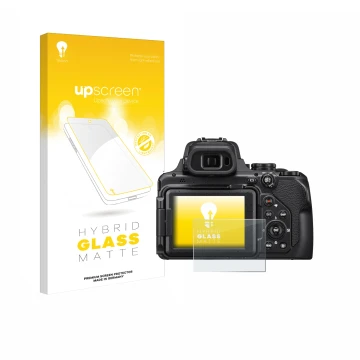 Front side of a product packaging with the brand logo upscreen. Next to it is the device Nikon Coolpix P1000 shown with the co