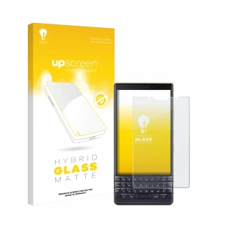 Front side of a product packaging with the brand logo upscreen. Next to it is the device BlackBerry Key2 LE shown with the cor