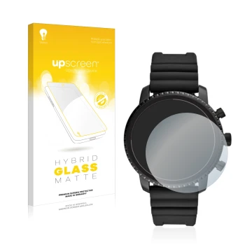Front side of a product packaging with the brand logo upscreen. Next to it is the device Fossil Q Explorist HR (4.Gen) shown w