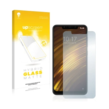Front side of a product packaging with the brand logo upscreen. Next to it is the device Xiaomi Pocophone F1 shown with the co