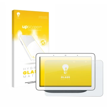 Front side of a product packaging with the brand logo upscreen. Next to it is the device Google Home Hub shown with the corres