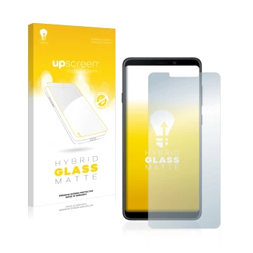 Front side of a product packaging with the brand logo upscreen. Next to it is the device Samsung Galaxy A9 2018 shown with the