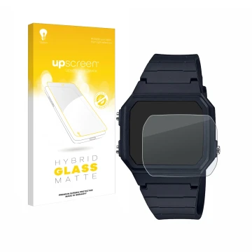 Front side of a product packaging with the brand logo upscreen. Next to it is the device Casio Unisex F-91W shown with the cor
