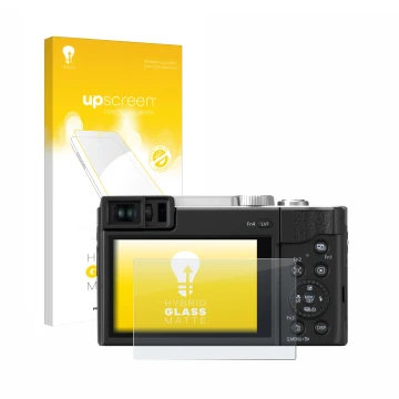 Front side of a product packaging with the brand logo upscreen. Next to it is the device Panasonic Lumix DC-TZ96 shown with th