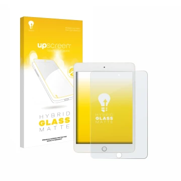 Front side of a product packaging with the brand logo upscreen. Next to it is the device Apple iPad Mini 5 2019 (5th. Gen.) sh