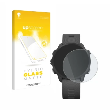 Front side of a product packaging with the brand logo upscreen. Next to it is the device Garmin Forerunner 245 Music shown wit