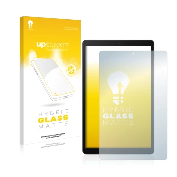 Front side of a product packaging with the brand logo upscreen. Next to it is the device Samsung Galaxy Tab A 10.1 2019 shown 