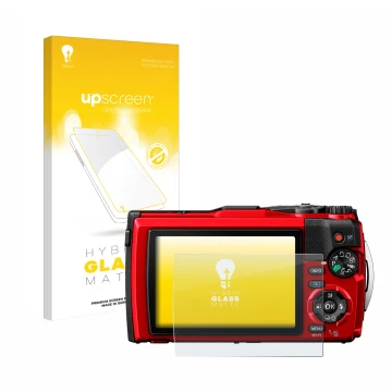 Front side of a product packaging with the brand logo upscreen. Next to it is the device Olympus Tough TG-6 shown with the cor