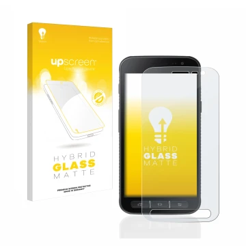 Front side of a product packaging with the brand logo upscreen. Next to it is the device Samsung Galaxy XCover 4s shown with t