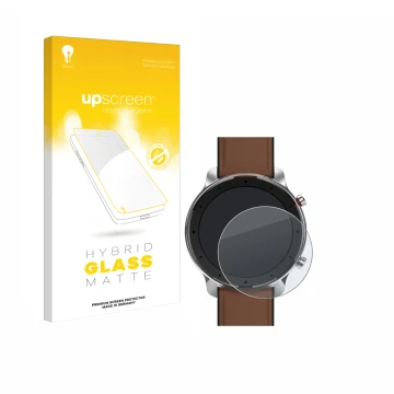 Front side of a product packaging with the brand logo upscreen. Next to it is the device Huami Amazfit GTR (47 mm) shown with 