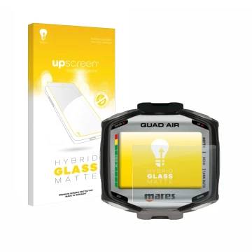 Front side of a product packaging with the brand logo upscreen. Next to it is the device Mares Quad Air shown with the corresp