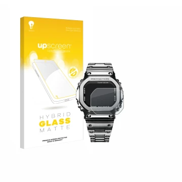 Front side of a product packaging with the brand logo upscreen. Next to it is the device Casio G-Shock GMW-B5000D-1ER shown wi