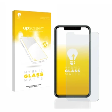 Front side of a product packaging with the brand logo upscreen. Next to it is the device Apple iPhone 11 Pro Max shown with th