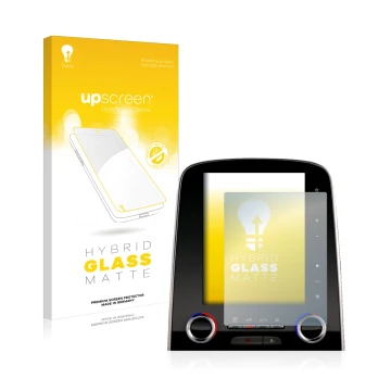Front side of a product packaging with the brand logo upscreen. Next to it is the device Renault Scenic R-Link 2 8.7