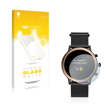 Front side of a product packaging with the brand logo upscreen. Next to it is the device Fossil Julianna HR (5.Gen) shown with