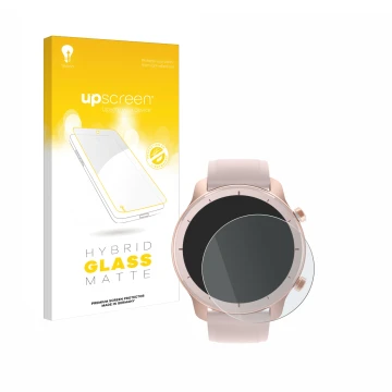Front side of a product packaging with the brand logo upscreen. Next to it is the device Huami Amazfit GTR (42 mm) shown with 
