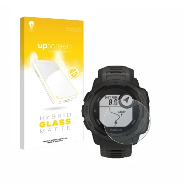 Front side of a product packaging with the brand logo upscreen. Next to it is the device Garmin Instinct Tactical Edition show