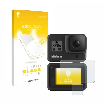 Front side of a product packaging with the brand logo upscreen. Next to it is the device GoPro Hero 8 Black shown with the cor