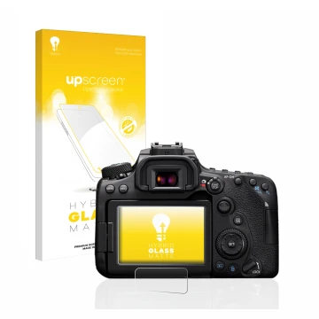 Front side of a product packaging with the brand logo upscreen. Next to it is the device Canon EOS 90D shown with the correspo