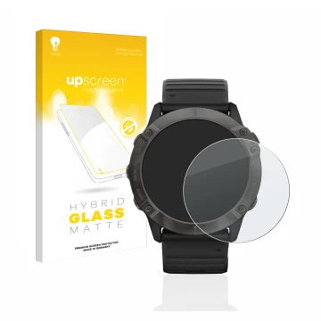 Front side of a product packaging with the brand logo upscreen. Next to it is the device Garmin Fenix 6X Pro shown with the co