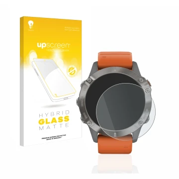 Front side of a product packaging with the brand logo upscreen. Next to it is the device Garmin Fenix 6 Pro shown with the cor