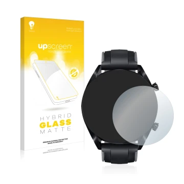 Front side of a product packaging with the brand logo upscreen. Next to it is the device Huawei Watch GT 2 (46 mm) shown with 