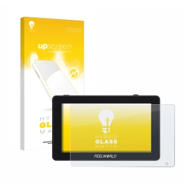Front side of a product packaging with the brand logo upscreen. Next to it is the device Feelworld F6 Plus shown with the corr