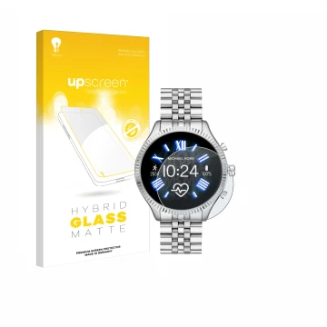 Front side of a product packaging with the brand logo upscreen. Next to it is the device Michael Kors Access Lexington 2 shown