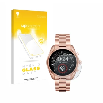 Front side of a product packaging with the brand logo upscreen. Next to it is the device Michael Kors Access Bradshaw 2 shown 
