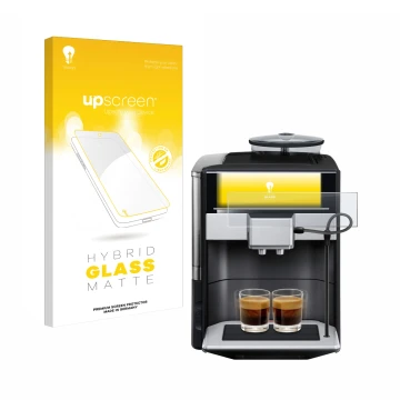 Front side of a product packaging with the brand logo upscreen. Next to it is the device Siemens EQ.6 plus s700 shown with the