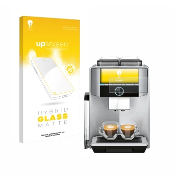 Front side of a product packaging with the brand logo upscreen. Next to it is the device Siemens EQ.9 plus connect s700 4,3