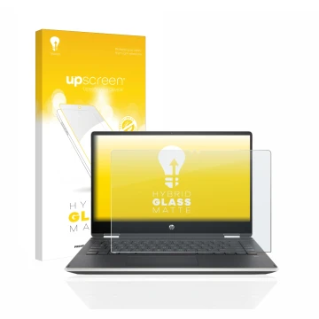 Front side of a product packaging with the brand logo upscreen. Next to it is the device HP Pavilion x360 (14-dhX) shown with 