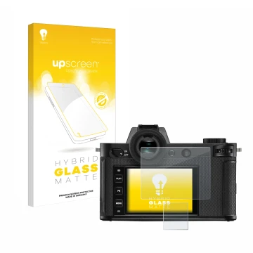 Front side of a product packaging with the brand logo upscreen. Next to it is the device Leica SL2 shown with the correspondin