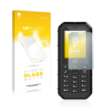 Front side of a product packaging with the brand logo upscreen. Next to it is the device Caterpillar Cat B26 shown with the co