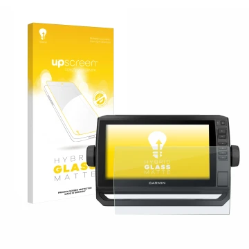 Front side of a product packaging with the brand logo upscreen. Next to it is the device Garmin ECHOMAP UHD 92sv shown with th