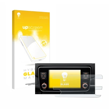 Front side of a product packaging with the brand logo upscreen. Next to it is the device Nissan Leaf E Plus Infotainment Syste