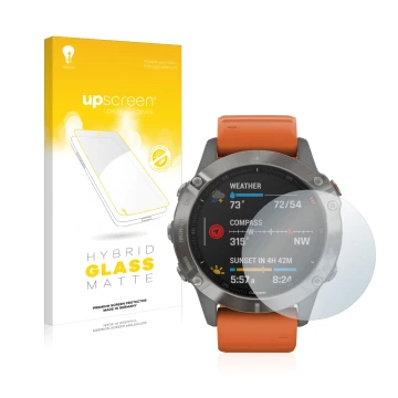 Front side of a product packaging with the brand logo upscreen. Next to it is the device Garmin Fenix 6 shown with the corresp