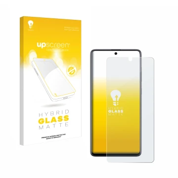 Front side of a product packaging with the brand logo upscreen. Next to it is the device Samsung Galaxy A71 shown with the cor