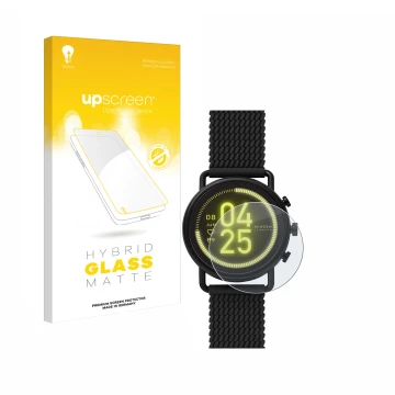 Front side of a product packaging with the brand logo upscreen. Next to it is the device Skagen Smartwatch Falster 3 shown wit