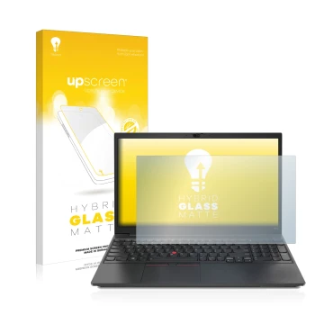 Front side of a product packaging with the brand logo upscreen. Next to it is the device Lenovo ThinkPad E15 shown with the co